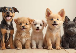 Cinq chiots de différentes races assis ensemble, souriant joyeusement.