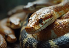 Gros plan d'un serpent venimeux aux écailles dorées et écailleuses