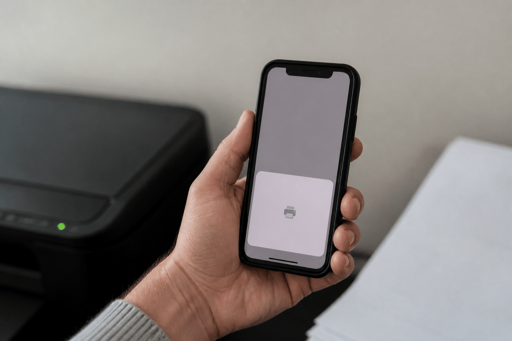 Main iPhone affichant dialogue impression avec imprimante detectee