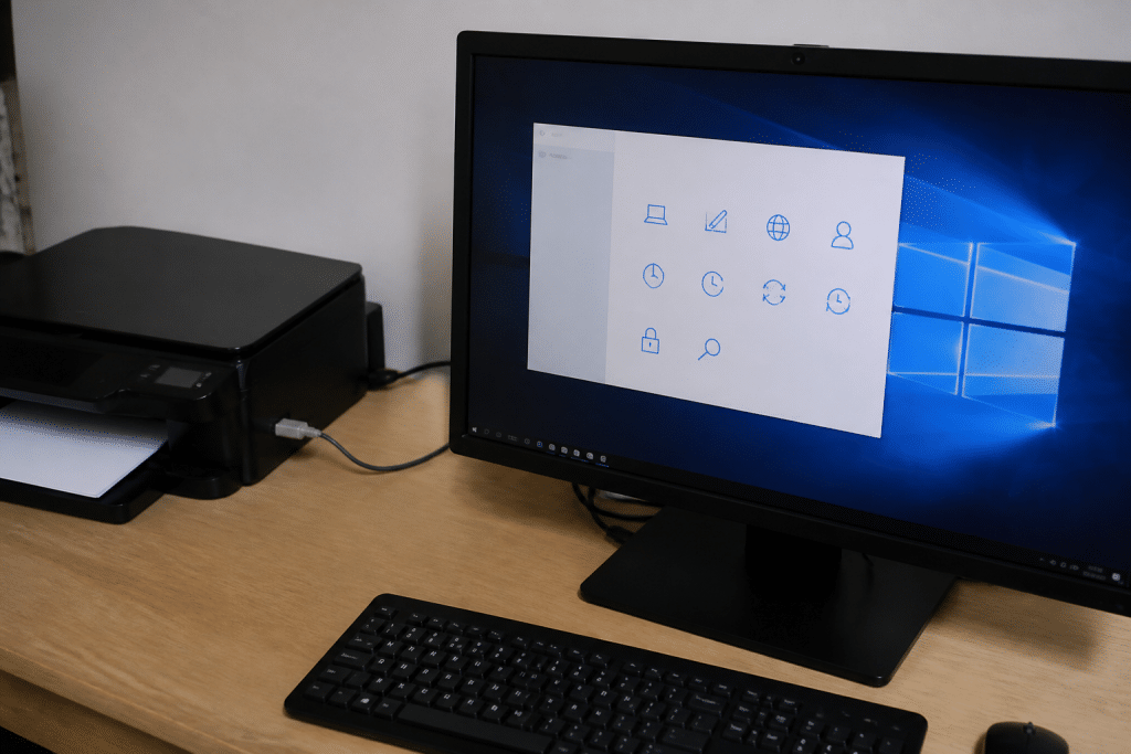 Ecran Windows affichant menu Parametres avec cable USB imprimante visible