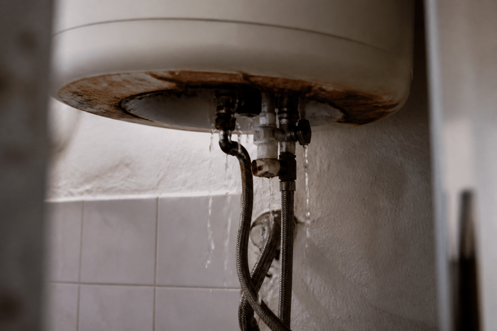Eau qui coule sous ballon d'eau chaude rouille