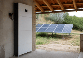 Batterie lithium volumineuse posee verticalement pres panneaux solaires