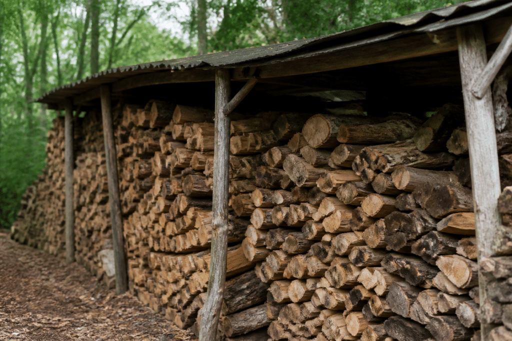 Bois empile ordonnee sous abri protecteur naturel