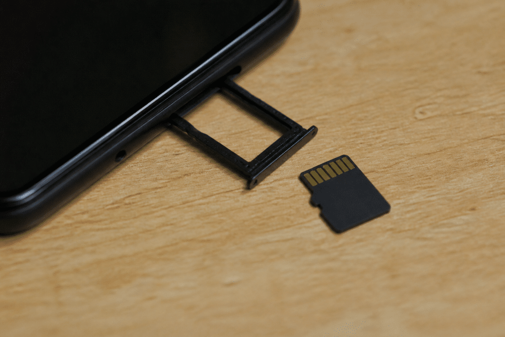 Carte SD extraite d'un smartphone avec fichiers stockes