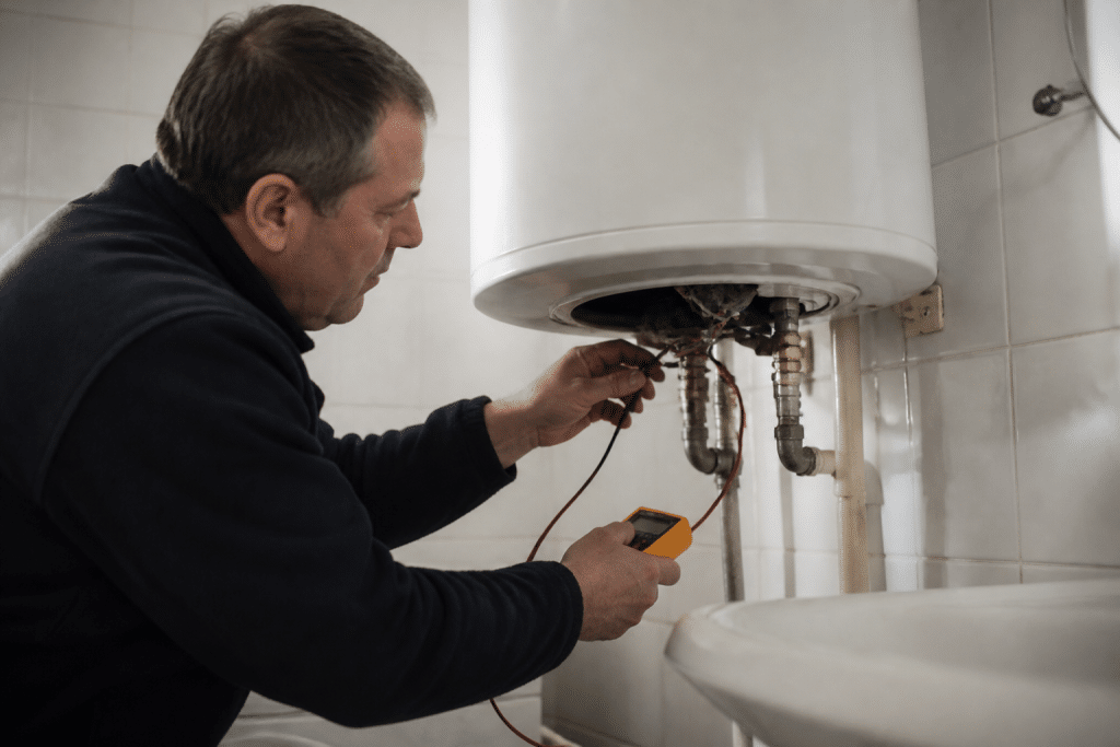 Technicien testant resistance chauffe-eau electrique defaillant