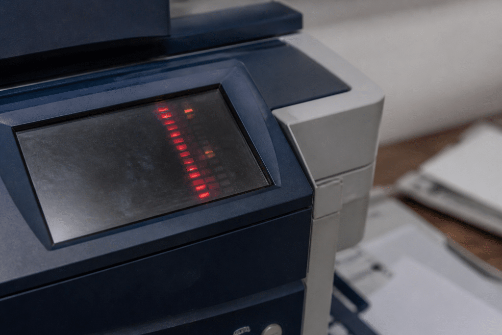 Ecran imprimante affichant codes erreur numeriques rouges