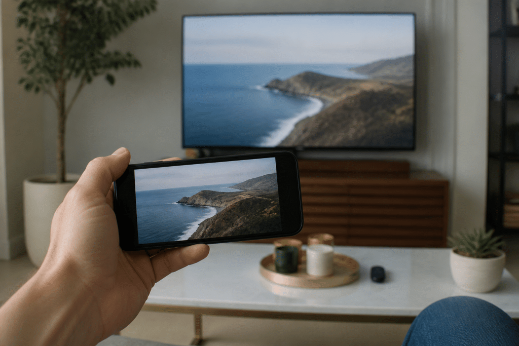 Smartphone affichant contenu diffusé sans fil vers television