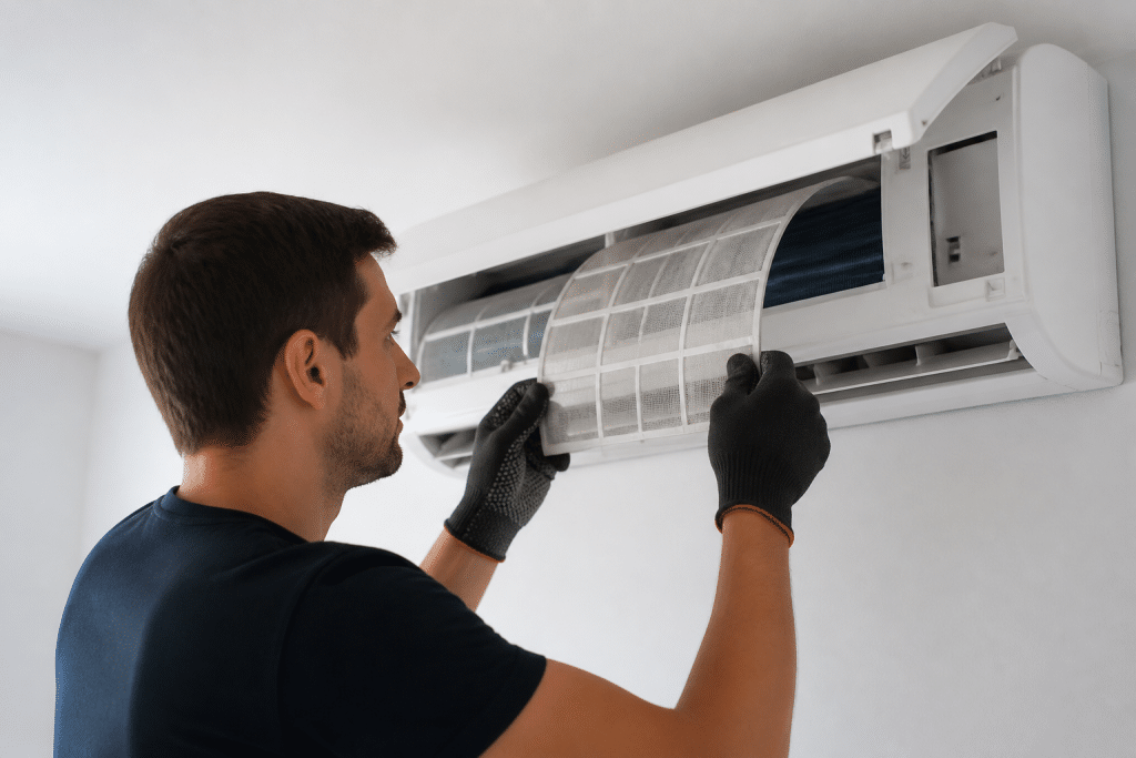 Technicien nettoie filtre climatiseur blanc mural