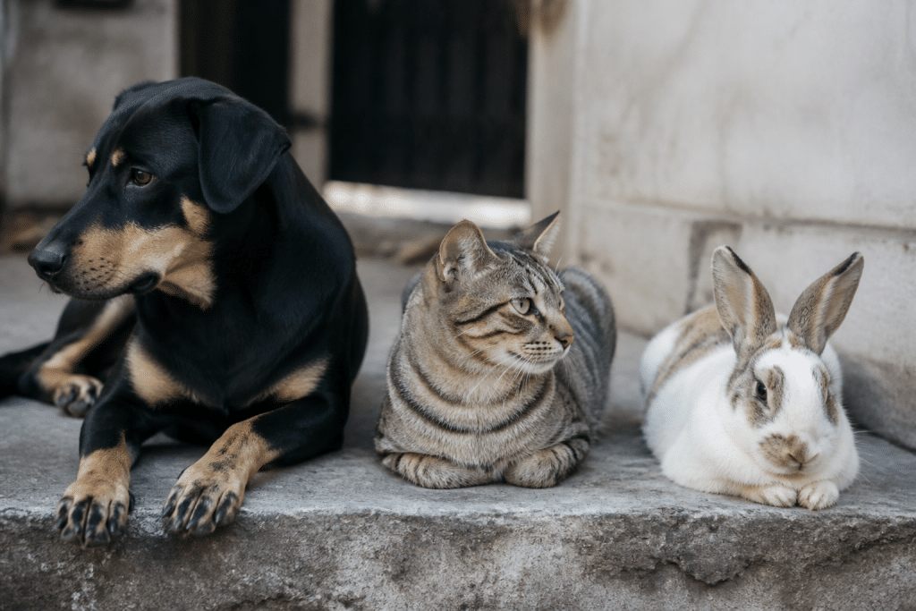 Trois animaux distincts cotes a cote avec marques visibles differentes