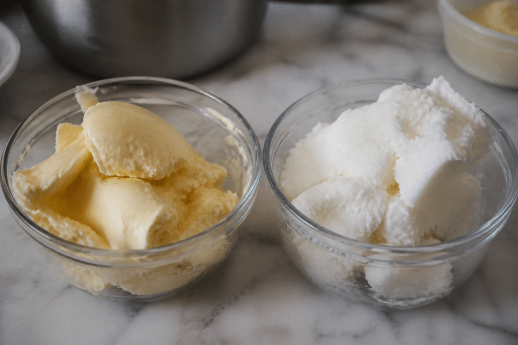 Margarine blanche et graisse vegetale dans bols transparents