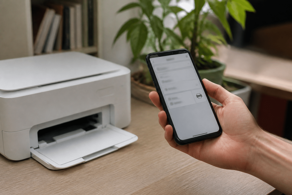 Smartphone affichant menu impression avec imprimante compatible detectee