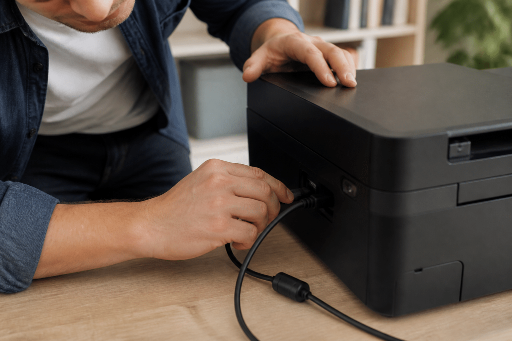 Personne verifiant cable USB et bouton alimentation imprimante