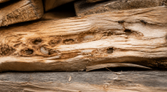 Larves et insectes visibles sur bois sec empile horizontalement