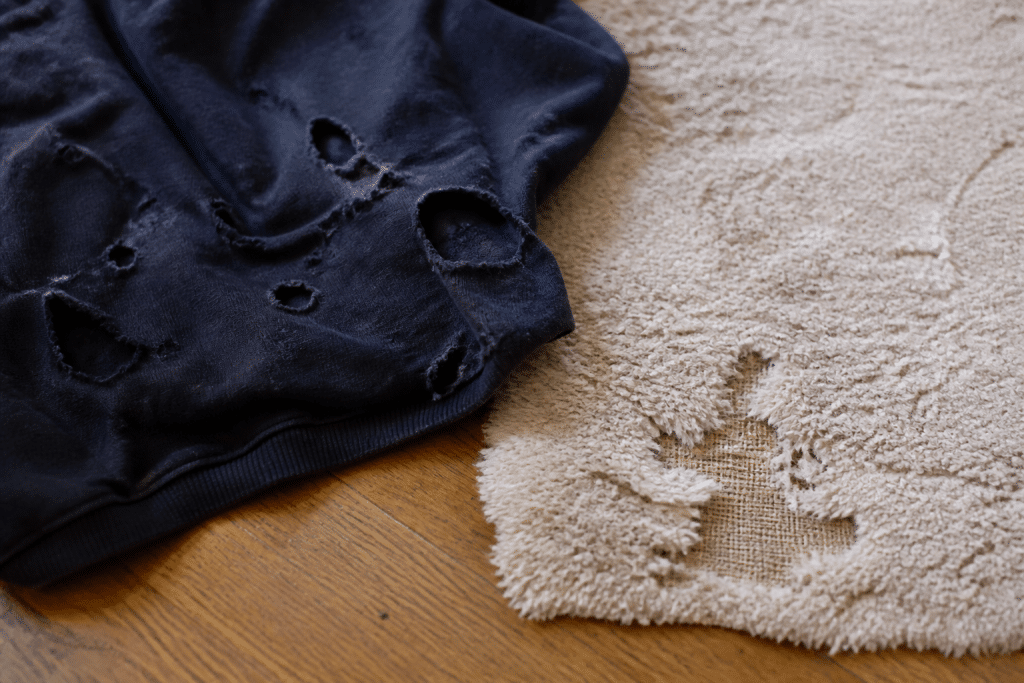 Vetements troues et tapis endommages par insectes nuisibles