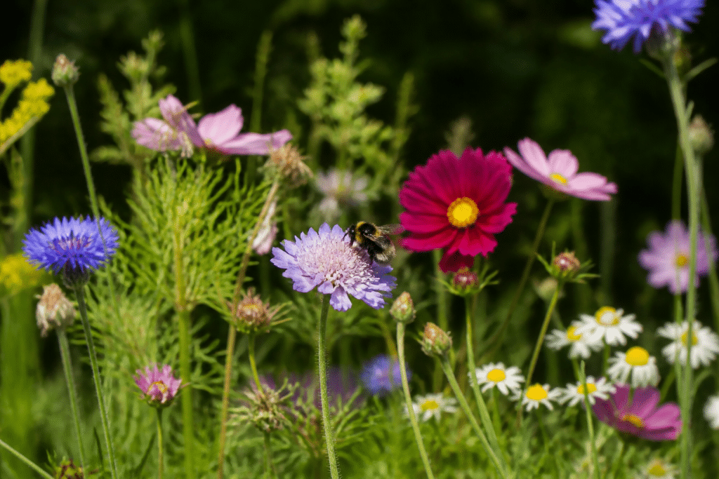 Insectes pollinisateurs dans jardin fleurs sauvages colorées