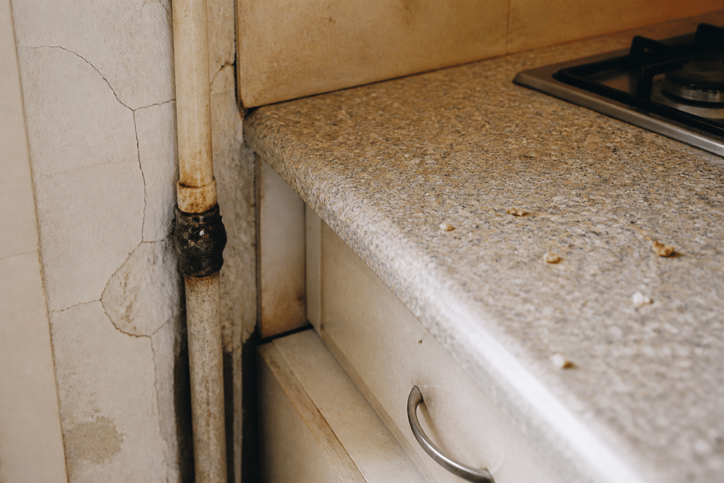 Cuisine avec miettes, fissures murales et tuyau humide visible