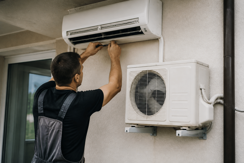 Technicien installant unites climatisation interieure exterieure mur