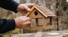Mains construisant petite maison bois suspendue oiseaux