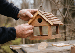 Mains construisant petite maison bois suspendue oiseaux