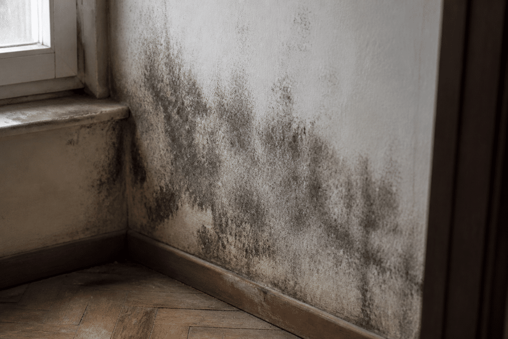 Moisissures noires humides sur mur intérieur défraîchi