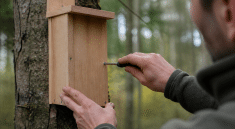 Mains construisant boite bois suspendue verticalement arbre