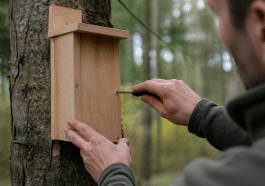 Mains construisant boite bois suspendue verticalement arbre