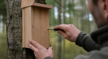 Mains construisant boite bois suspendue verticalement arbre