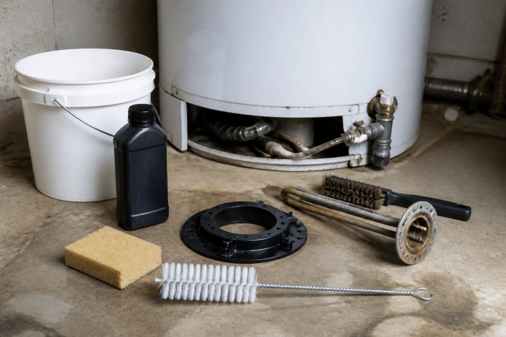 Outils et produits nettoyage détartrage chauffe-eau disposés