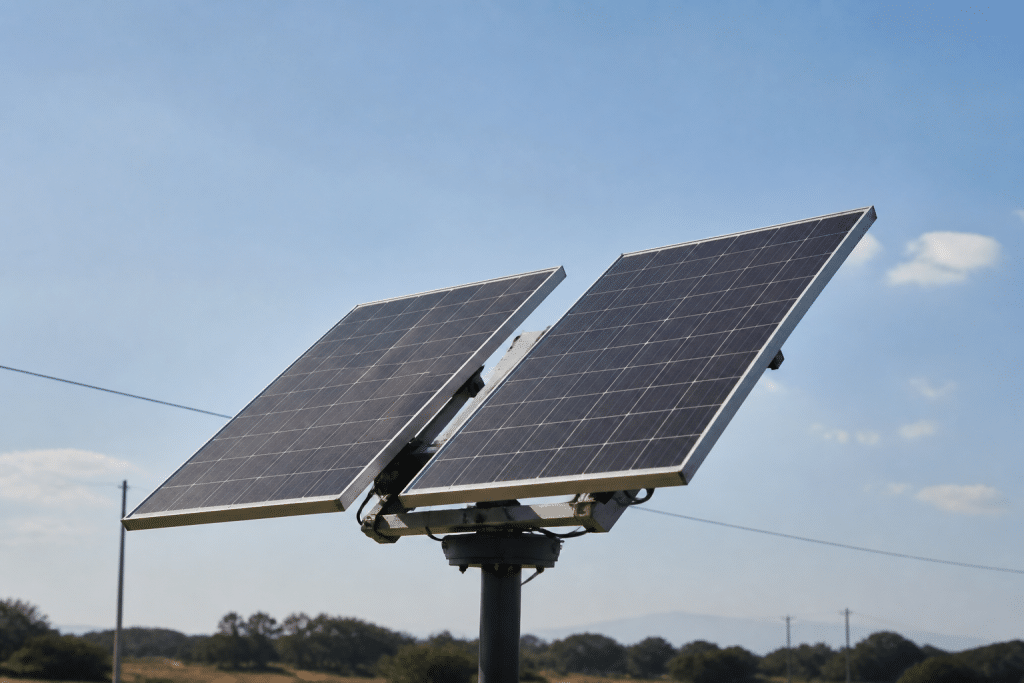 Panneaux solaires pivotant automatiquement sous lumière directe du soleil
