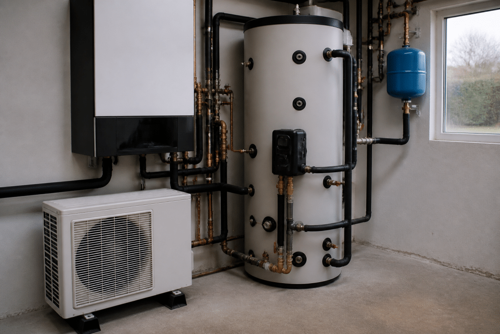 Panneaux solaires et pompe chaleur connectes au ballon stockage