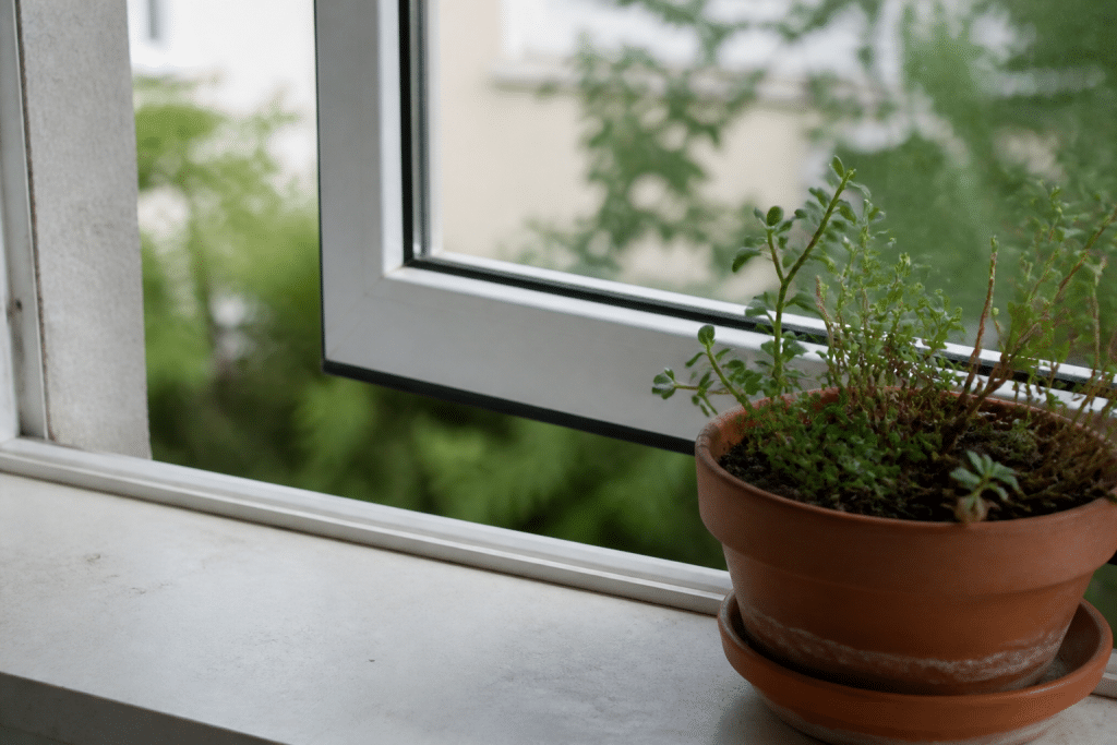 Fenetre aéree avec joints verifies et pot de fleurs drainage
