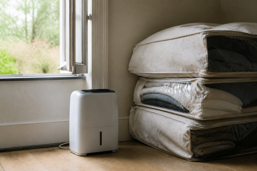 Fenetre ouverte avec deshumidificateur et housses de rangement textiles