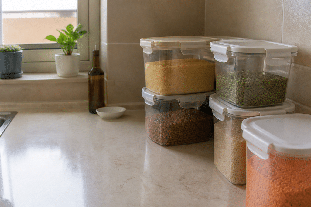 Cuisine propre avec contenants hermétiques et fissures scellées