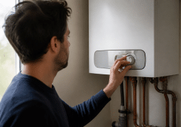 Main ajustant le thermostat du chauffe-eau mural