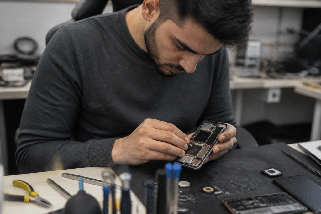 Technicien examinant smartphone endommagé avec outils professionnels