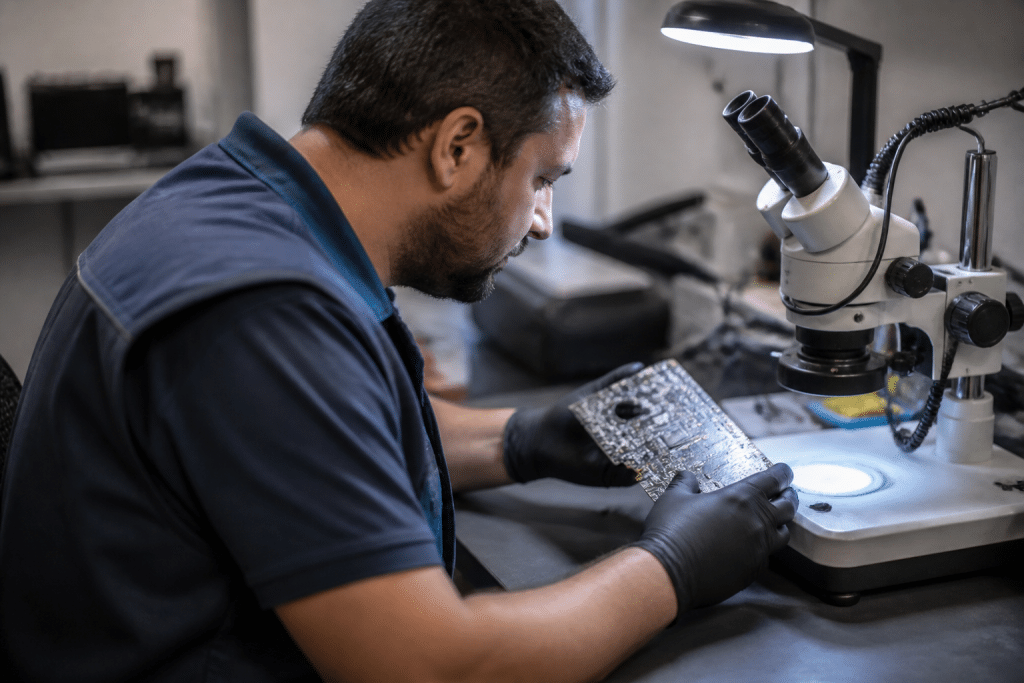 Technicien examinant carte mere endommagee sous lampe diagnostique