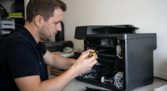 Technicien avec tournevis ouvrant carter imprimante laser