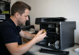 Technicien avec tournevis ouvrant carter imprimante laser