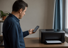 Main tenant smartphone orienté vers imprimante de bureau connectée
