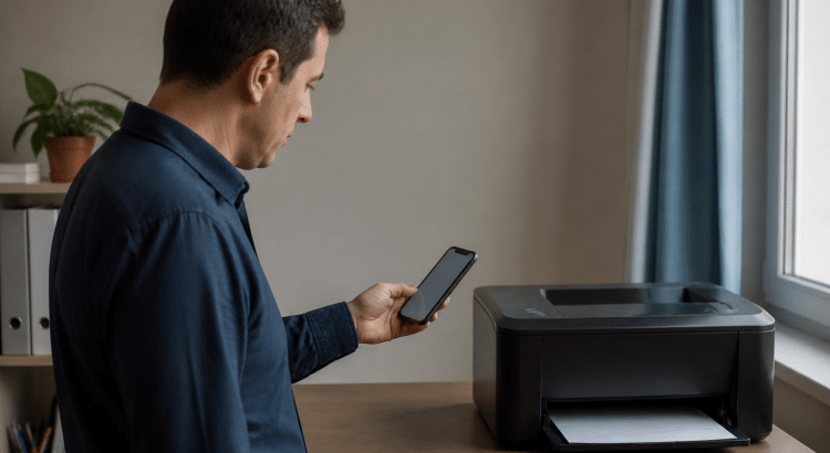 Main tenant smartphone orienté vers imprimante de bureau connectée