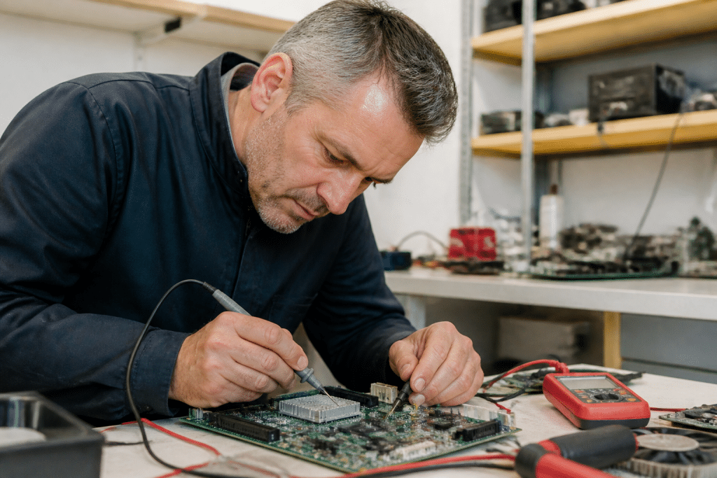 Technicien répare circuit mère d'ordinateur avec outils diagnostiques