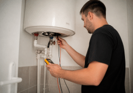 Technicien testant resistance electrique chauffe eau vertical