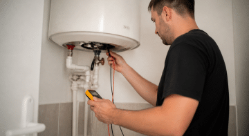 Technicien testant resistance electrique chauffe eau vertical