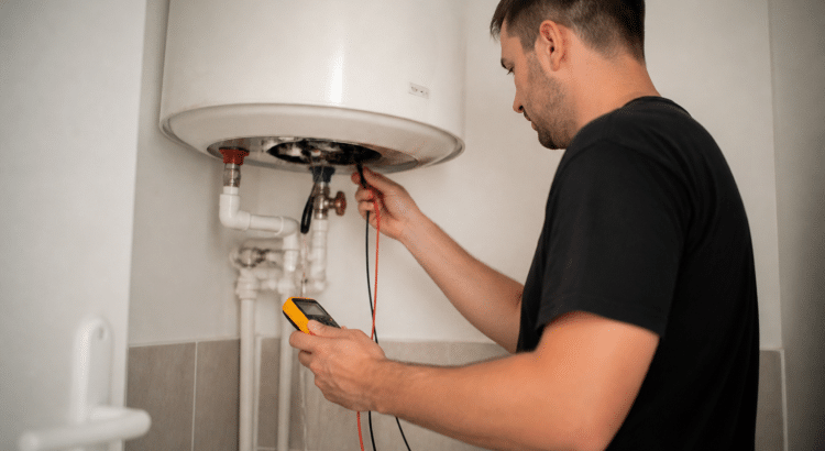 Technicien testant resistance electrique chauffe eau vertical