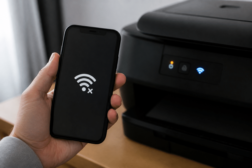 Smartphone et imprimante affichant symboles Wi-Fi incompatibles