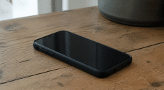 Smartphone noir allume sur table, ecran eteint et sombre
