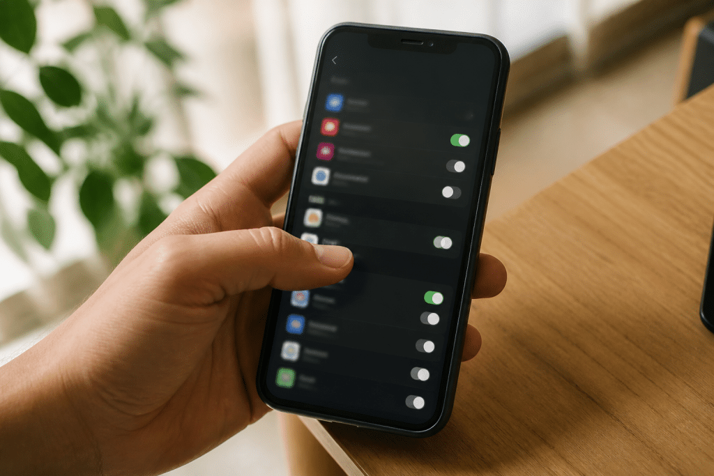 Ecran smartphone affichant parametres applications avec permissions micro camera