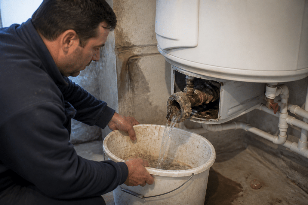 Technicien vidange reservoir chauffe-eau avec sediments calcaires