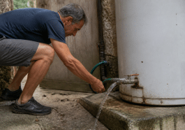 Homme vidant reservoir eau chaude avec robinet ouvert